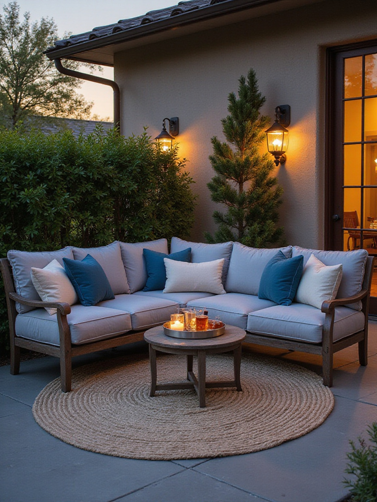 Luxurious outdoor patio with plush gray sectional sofa, blue and cream throw pillows, and soft outdoor rug.