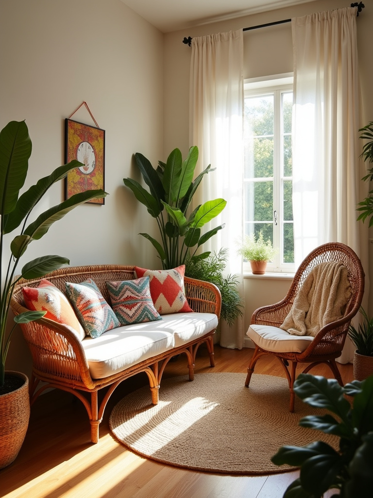Boho living room with rattan sofa and peacock chair