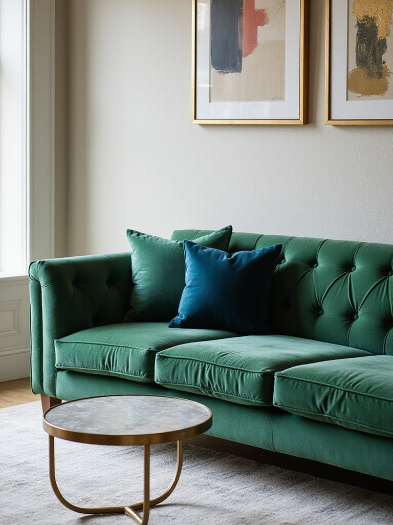 Emerald green velvet sofa in a luxurious living room