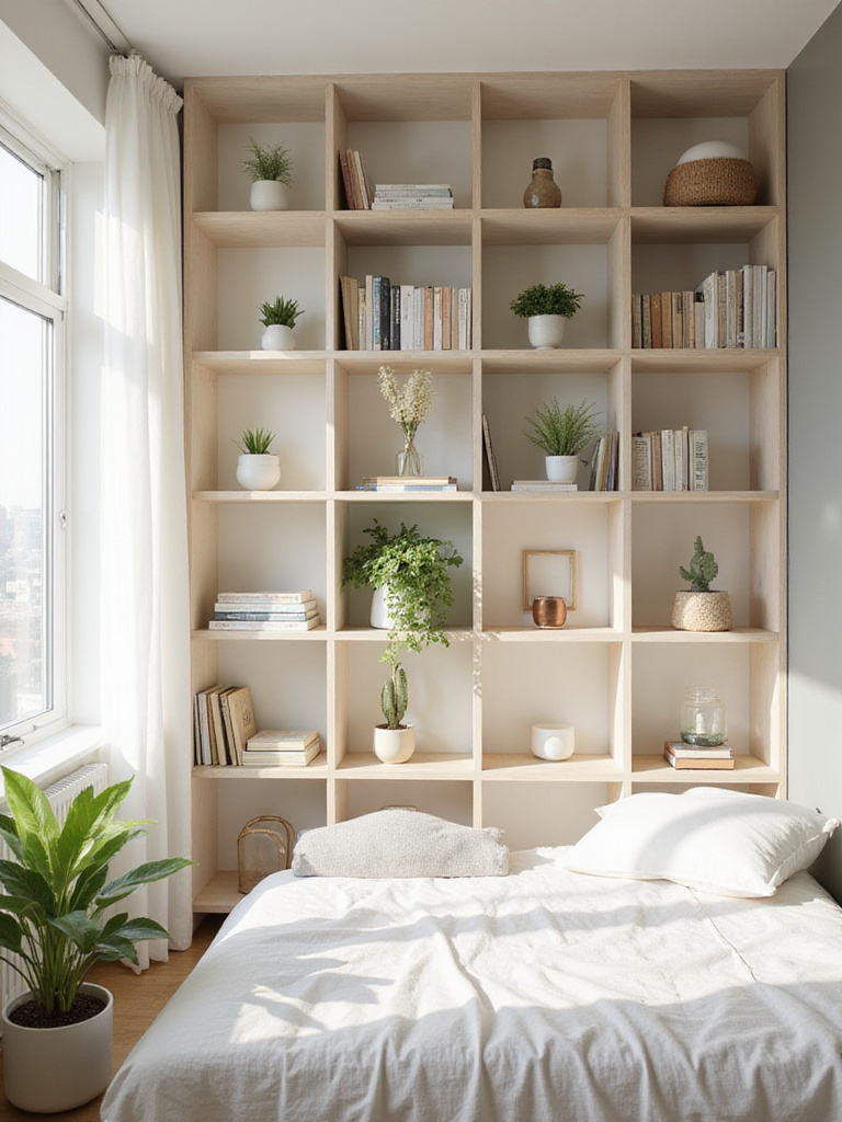Small bedroom with floor-to-ceiling vertical shelving displaying books, plants, and decorative objects.
