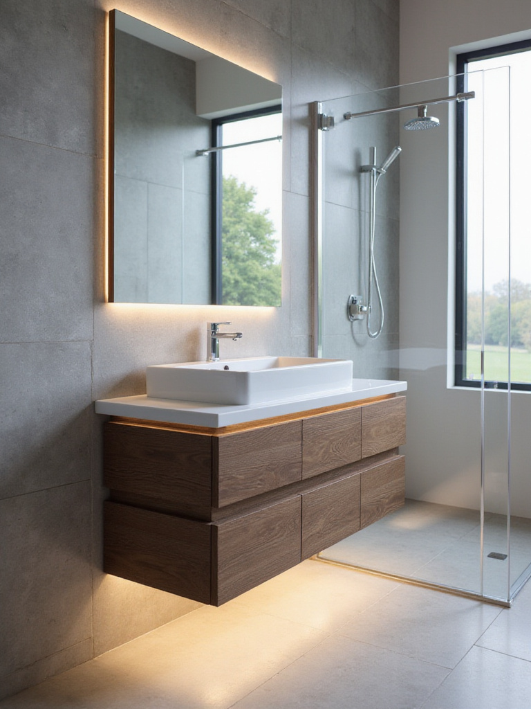 Modern bathroom with sleek floating vanity and LED underlighting