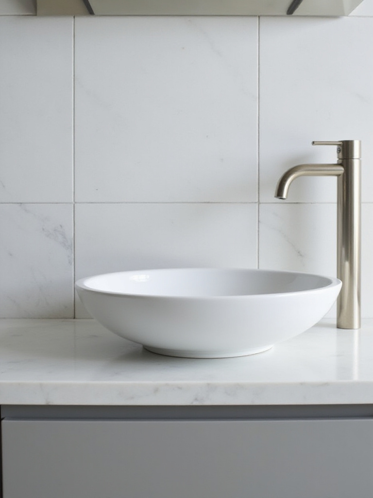 Sleek white vessel sink on a light gray floating vanity in a modern bathroom.