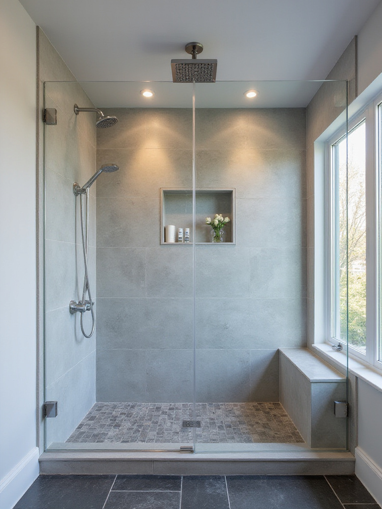 Sleek modern shower with frameless glass enclosure and minimalist design
