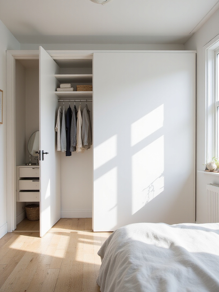 Small bedroom with white sliding closet doors maximizing space.
