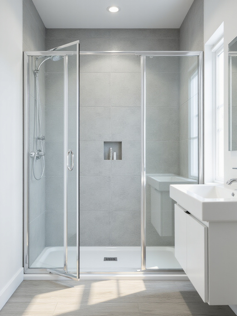 Small bathroom with frameless bi-fold sliding shower door maximizing space