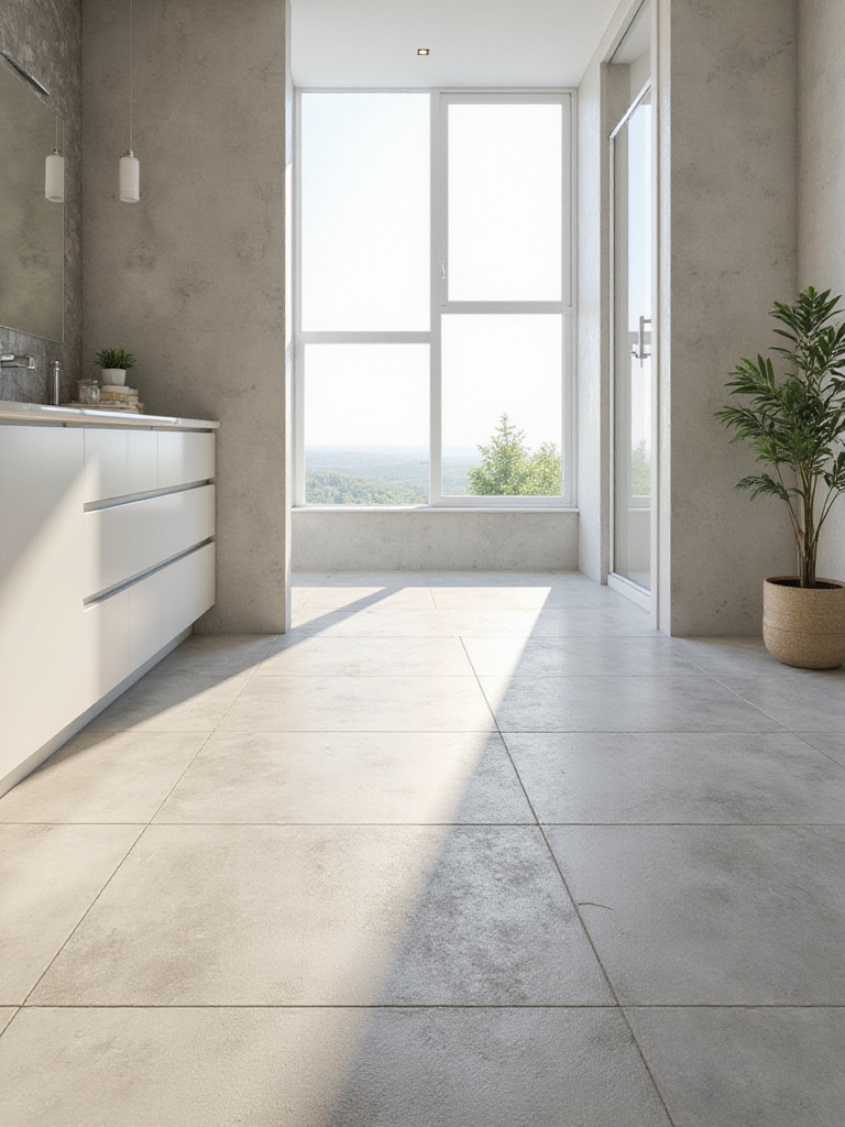 Modern bathroom with light grey matte-finish porcelain floor tiles for slip resistance