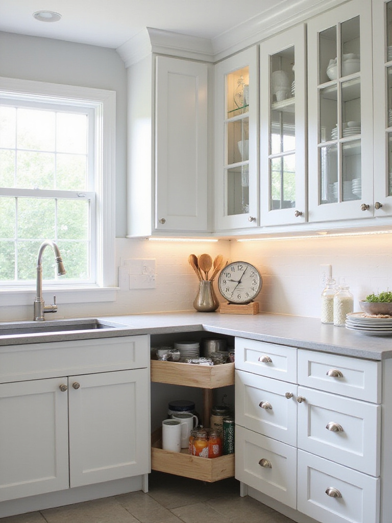 Bright and organized small kitchen with white cabinets and smart storage solutions.