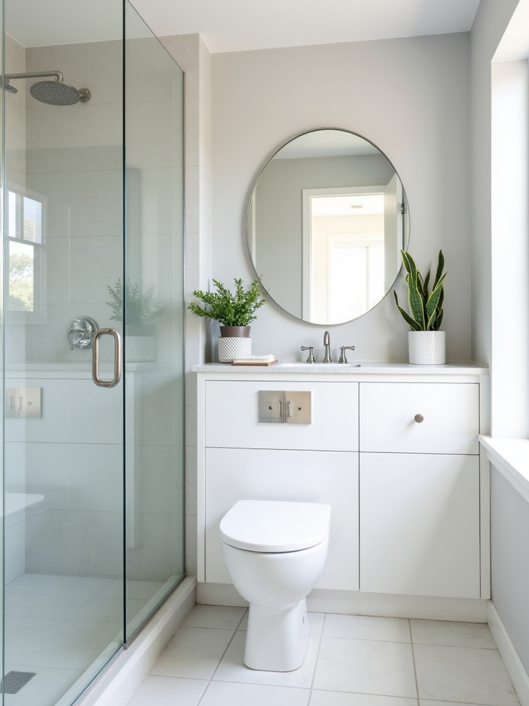 Small bathroom design featuring floating vanity, large mirror, and light gray walls to maximize space and light.