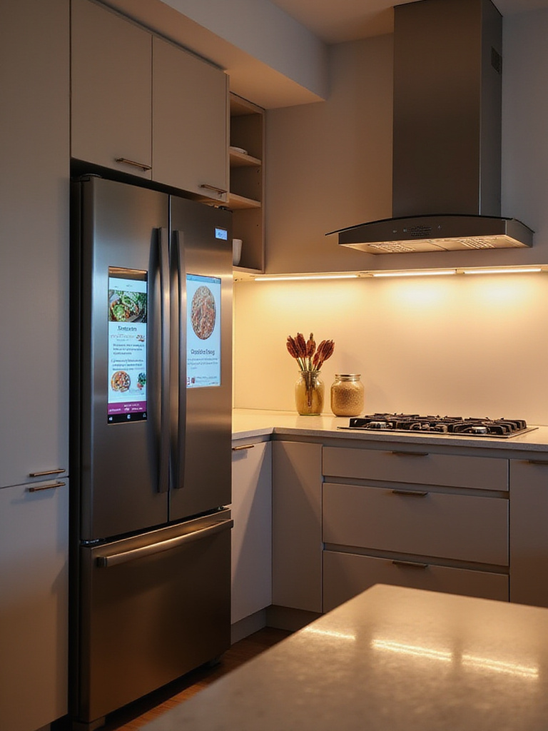 Modern kitchen with smart appliances including a touchscreen refrigerator and induction cooktop.