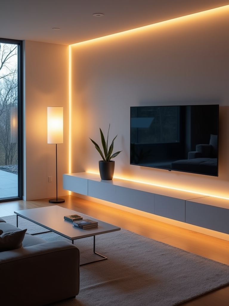 Modern living room with smart LED strip lights and smart floor lamp.