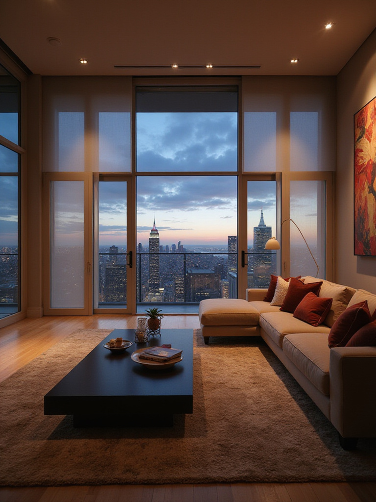 Luxurious living room featuring integrated smart home technology, including automated shades and smart lighting.