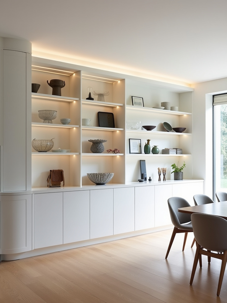 Modern dining room with full-wall built-in storage featuring white cabinets and open shelving.