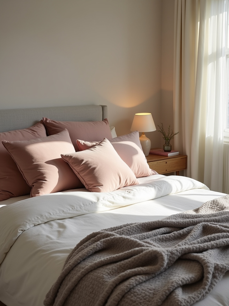 Cozy apartment bedroom with luxurious linen bedding, knit throw blanket, and velvet pillows.
