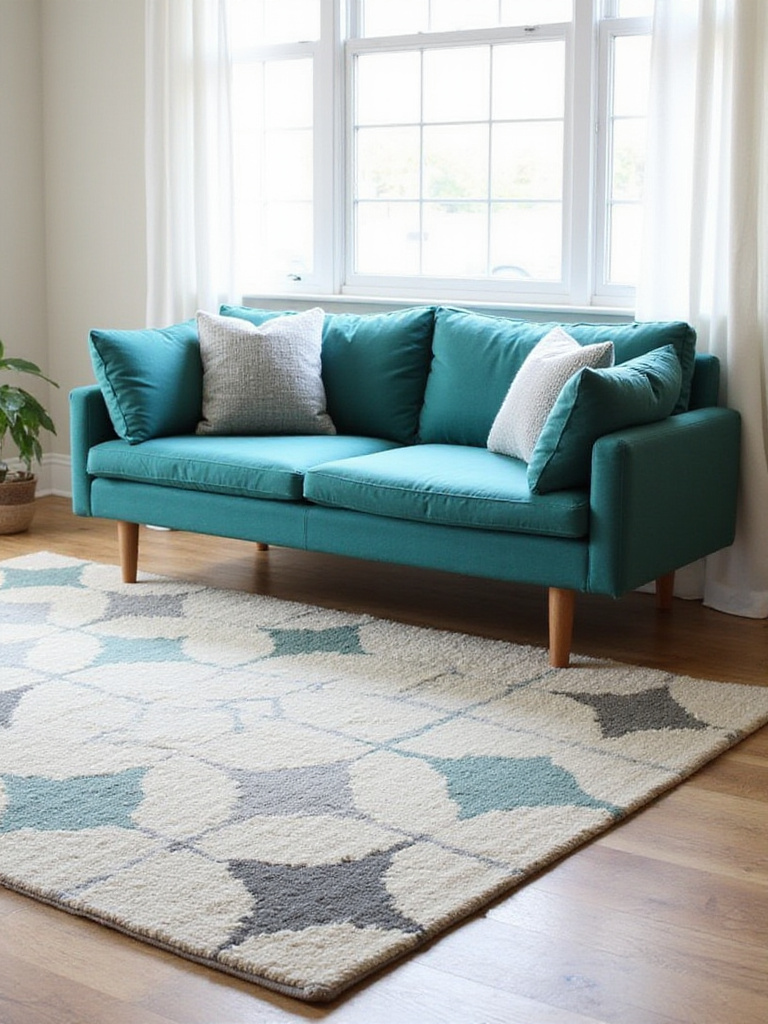 Living room featuring a teal mid-century modern sofa and a geometric patterned rug in teal, cream, and gray.