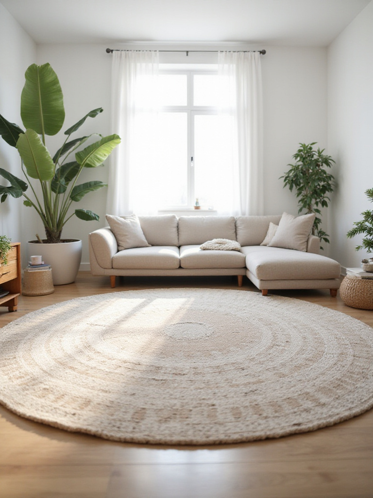 Living room with a round rug creating a relaxing and inviting atmosphere