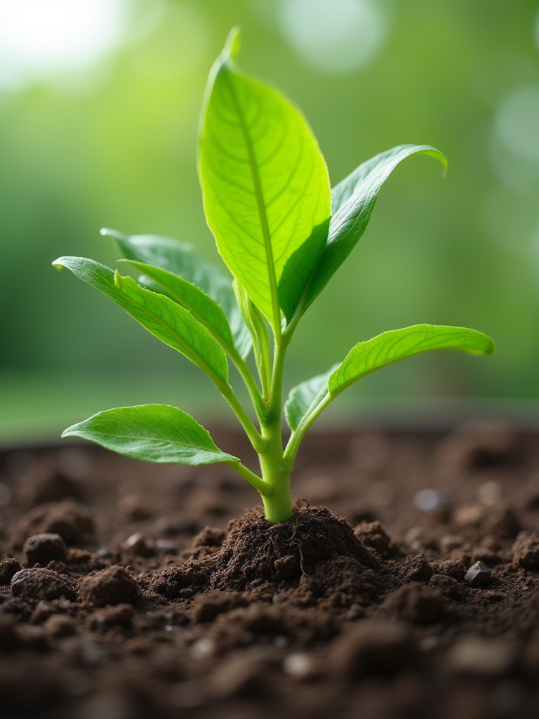Close-up of a thriving plant in healthy soil.
