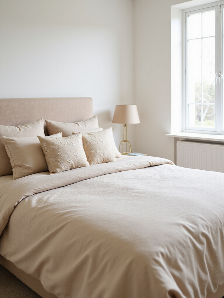 Beige bedroom with subtle geometric patterned bedding creating a serene and calming atmosphere.