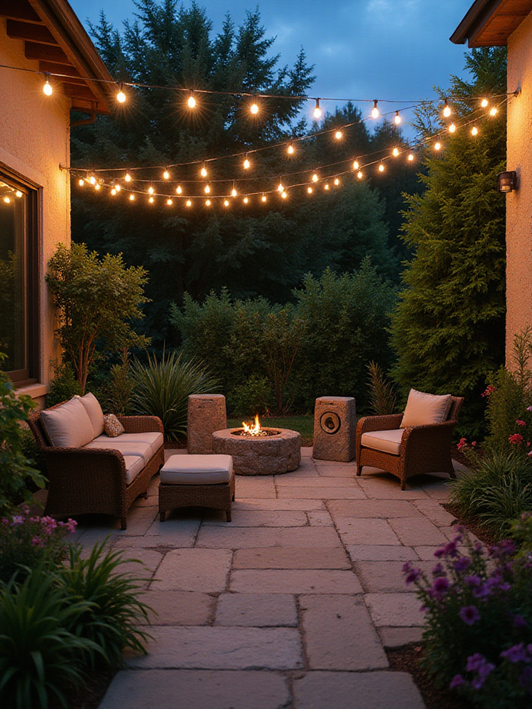 Patio with hidden rock speakers and string lights for outdoor entertainment.