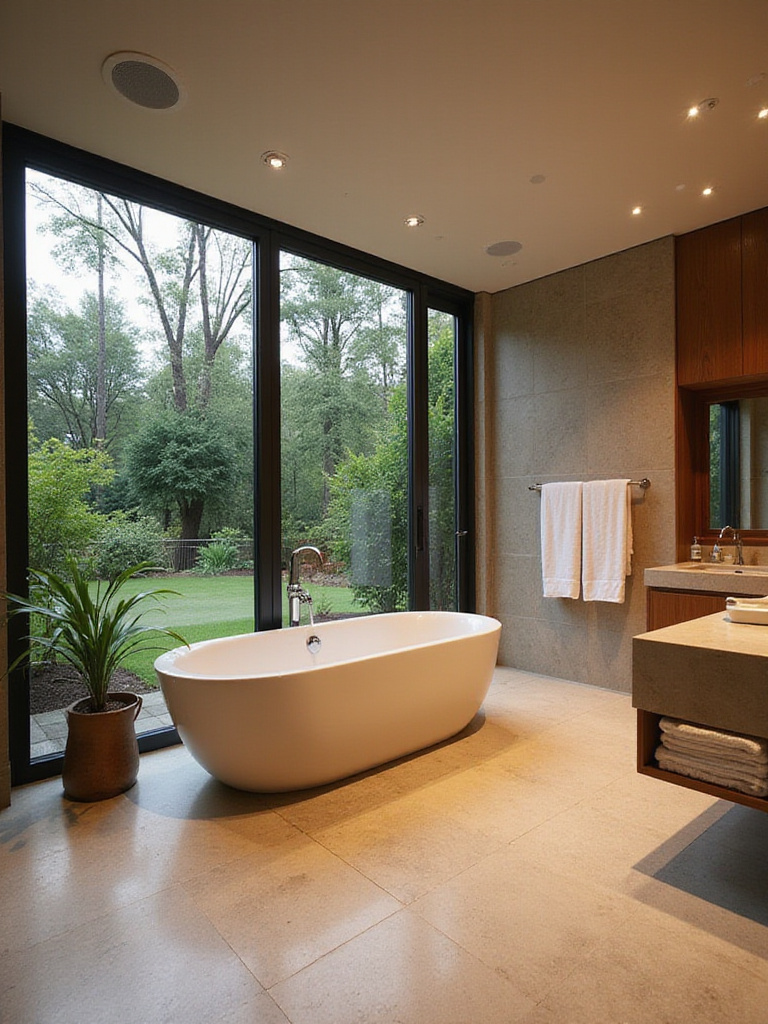 Modern bathroom with built-in music system and freestanding tub.
