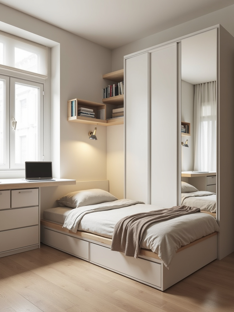 Small apartment bedroom with space-saving furniture including platform bed with drawers, floating headboard shelf, foldable desk, and full-length mirror.