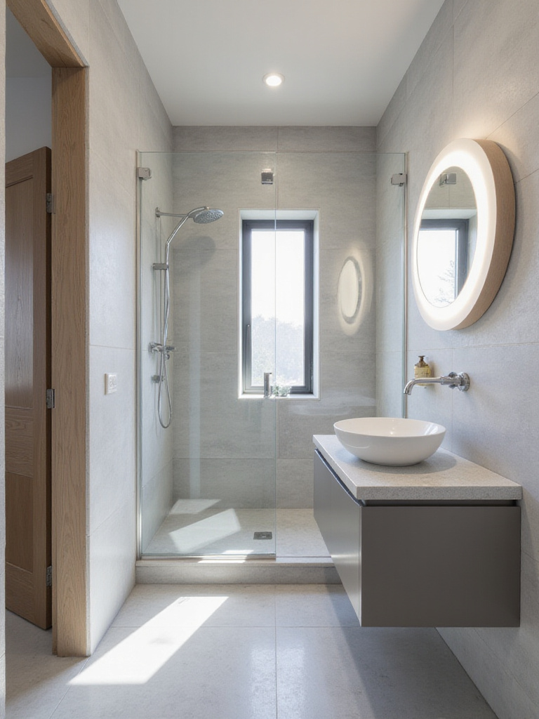 Small modern bathroom featuring a frameless sliding shower door and a pocket door to maximize space.