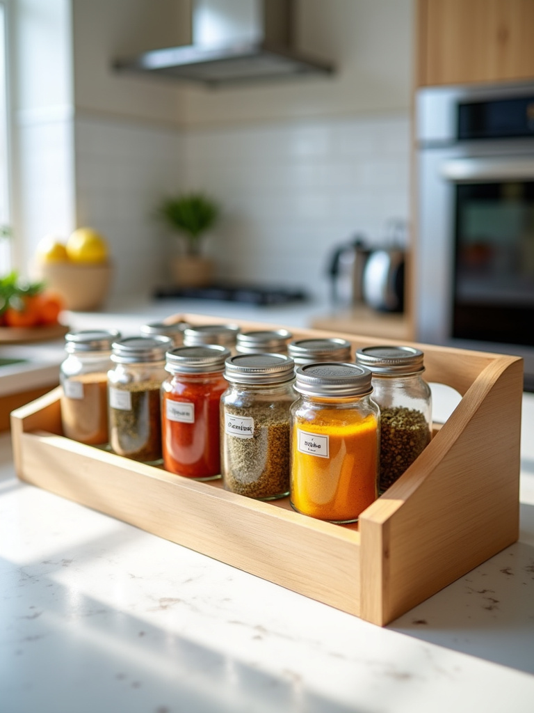 Organized spice rack with labeled jars in a modern kitchen.