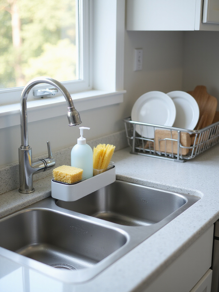 Rotating kitchen sink caddy holding dish soap, sponge, and scrub brush for easy access.