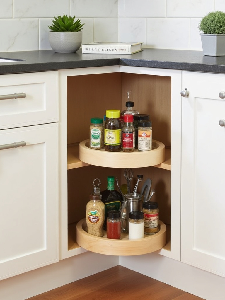 Organized corner cabinet with wooden Lazy Susan holding spices and oils