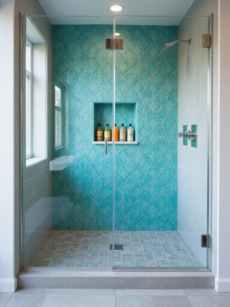 Modern shower design featuring vibrant turquoise mosaic tile accent wall.