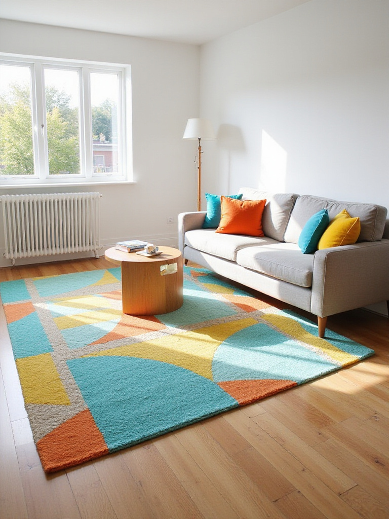 Living room with a vibrant geometric rug in turquoise, orange, and yellow.