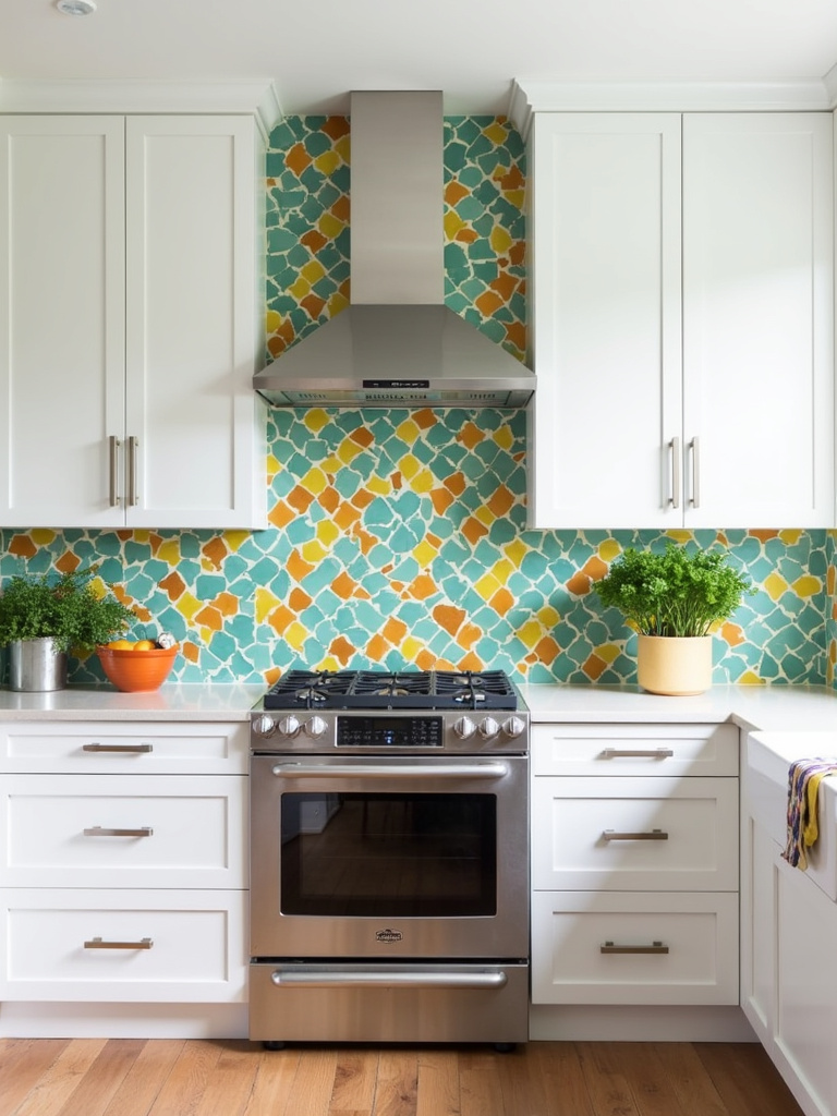 Modern kitchen with white cabinets and a colorful geometric tile backsplash in teal, yellow, and orange.