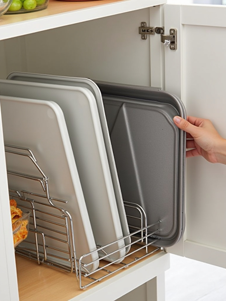 Organized kitchen cabinet with baking sheets stored vertically using wire dividers