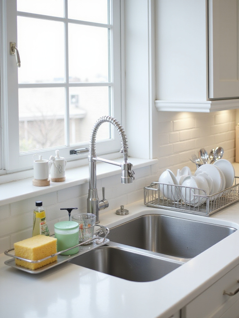 Modern stainless steel sink organizer holding dish soap, sponge, and brush with stainless steel dish drying rack.
