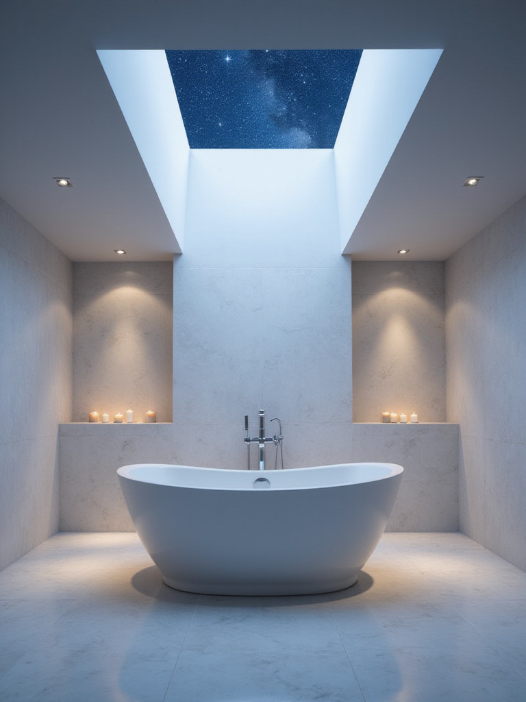 Luxurious bathroom with freestanding tub under a starry skylight