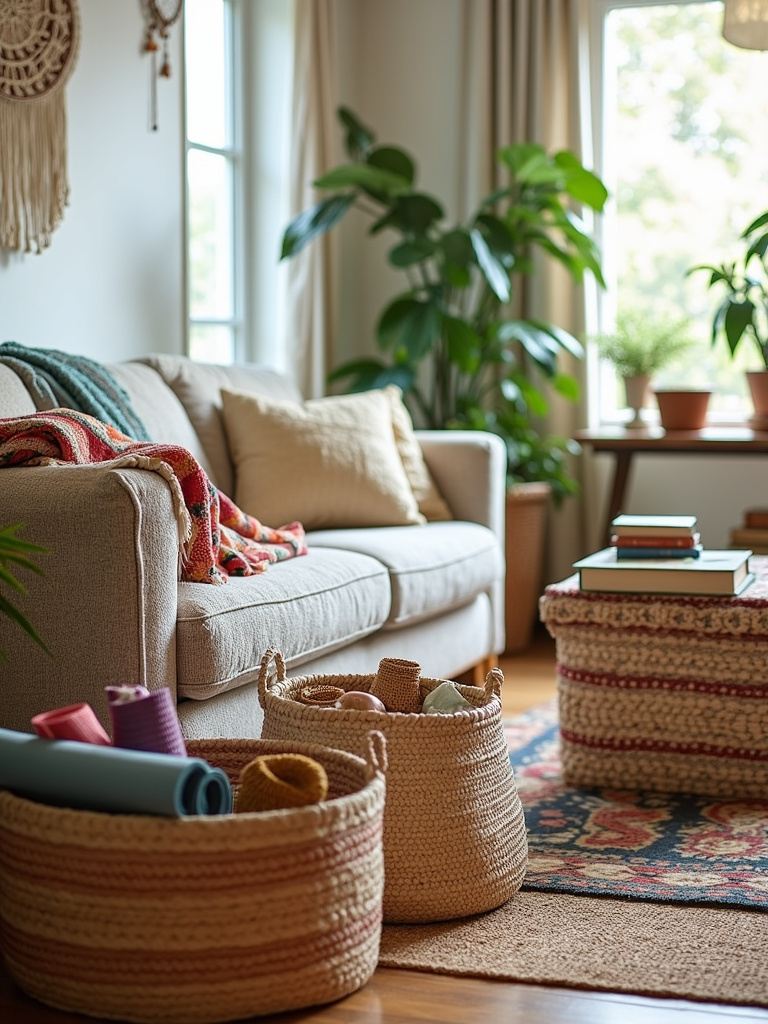 Boho living room with woven baskets used for stylish and functional storage of blankets, books, and plants.