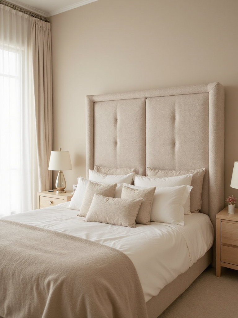 Beige boucle headboard in a serene bedroom