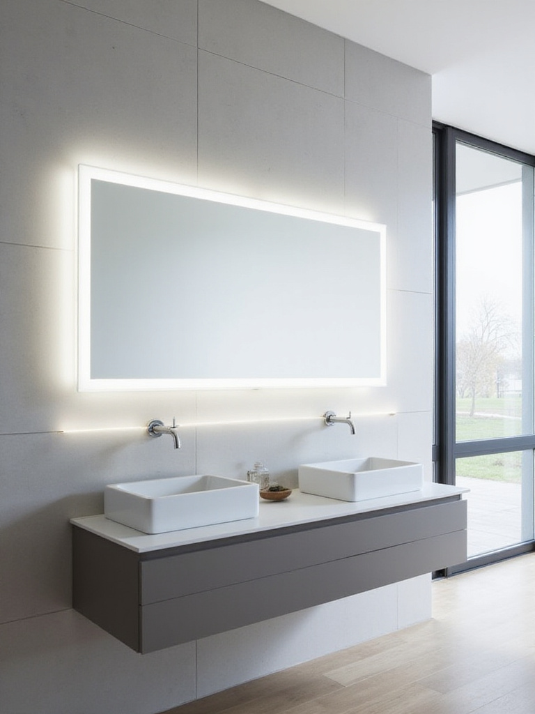 Modern bathroom with a large, frameless LED mirror above a floating vanity.