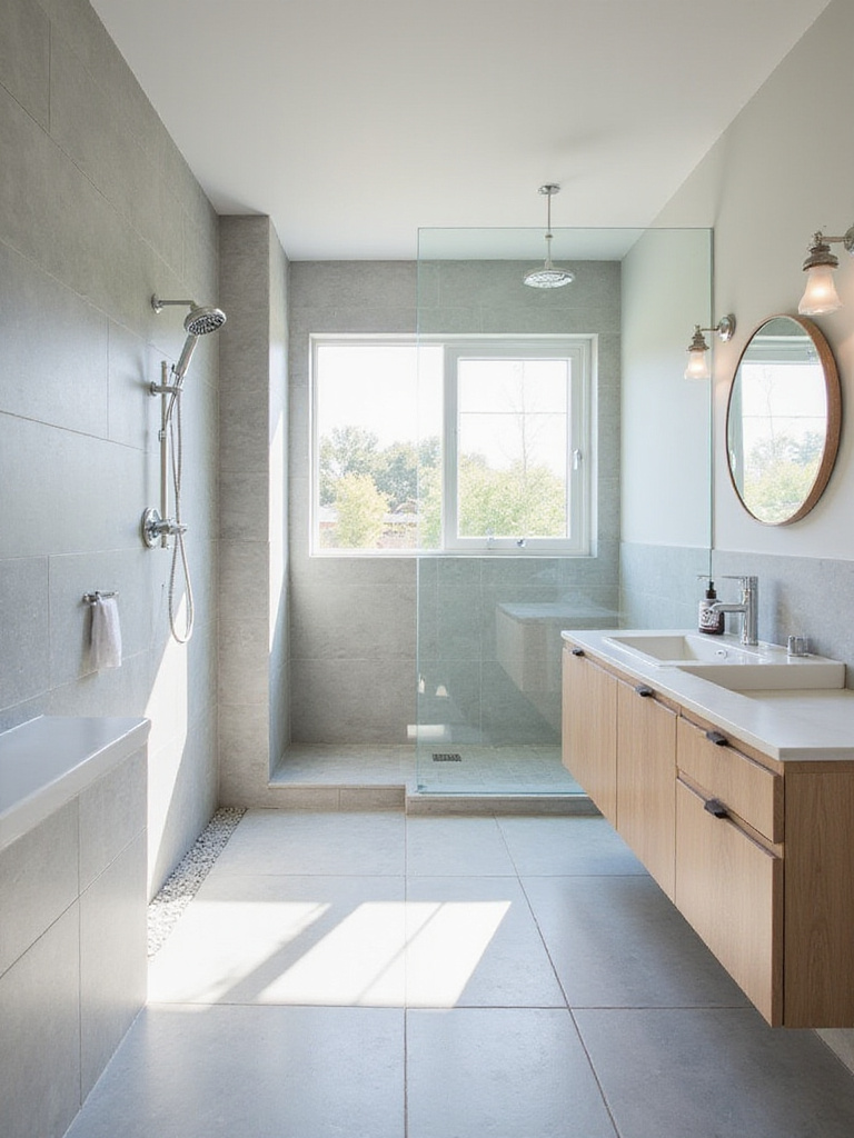 Modern bathroom with walk-in shower, frameless glass panel, and linear drain