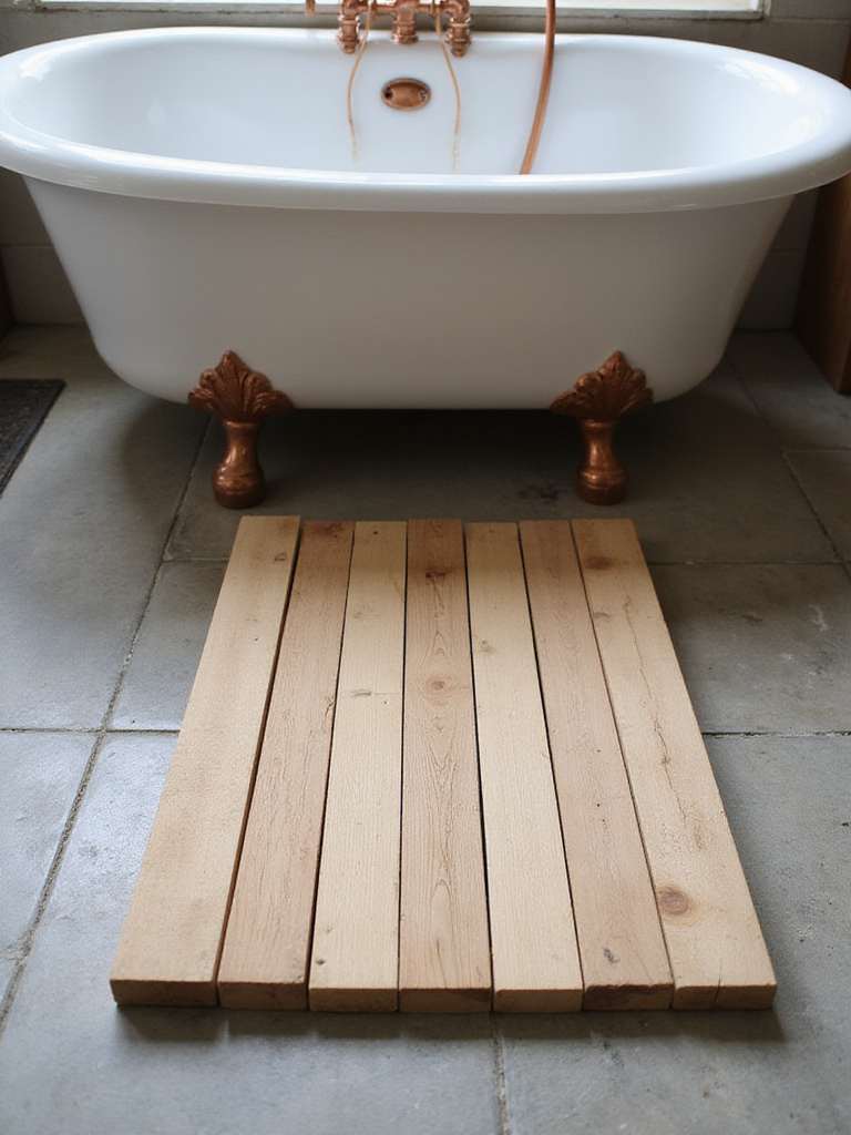 Rustic bathroom floor with wooden bath mat in front of copper bathtub