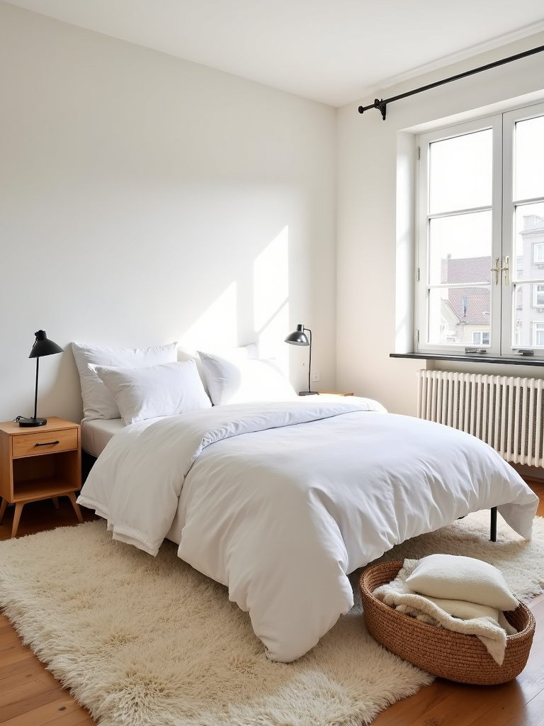 Apartment bedroom featuring a large cream-colored shag rug under the bed for warmth and style.