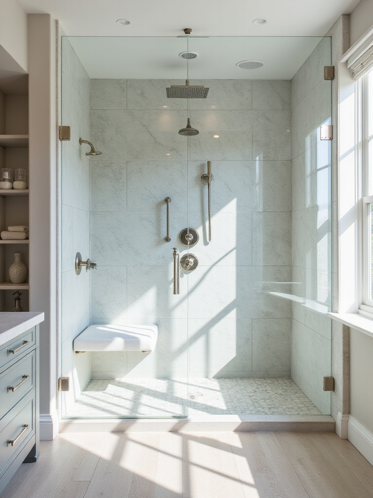 Modern bathroom with spacious walk-in shower and glass enclosure