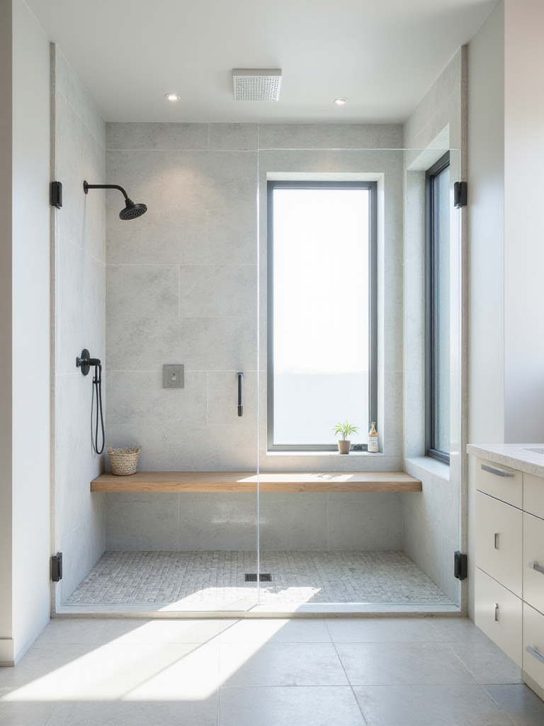 Modern walk-in shower with zero-threshold entry and accessible design.