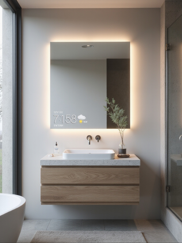 Modern bathroom featuring a smart mirror displaying time, weather, and news above a floating vanity.
