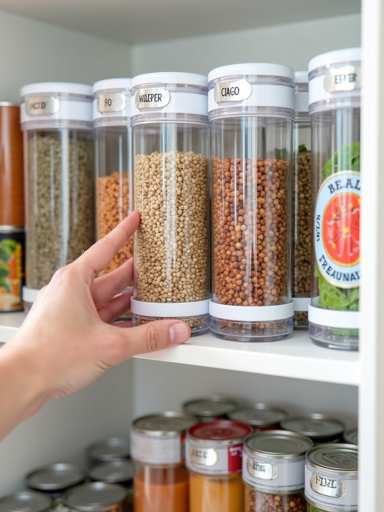 Organized pantry with clear can dispensers holding various canned goods, preventing can avalanches and maximizing space.