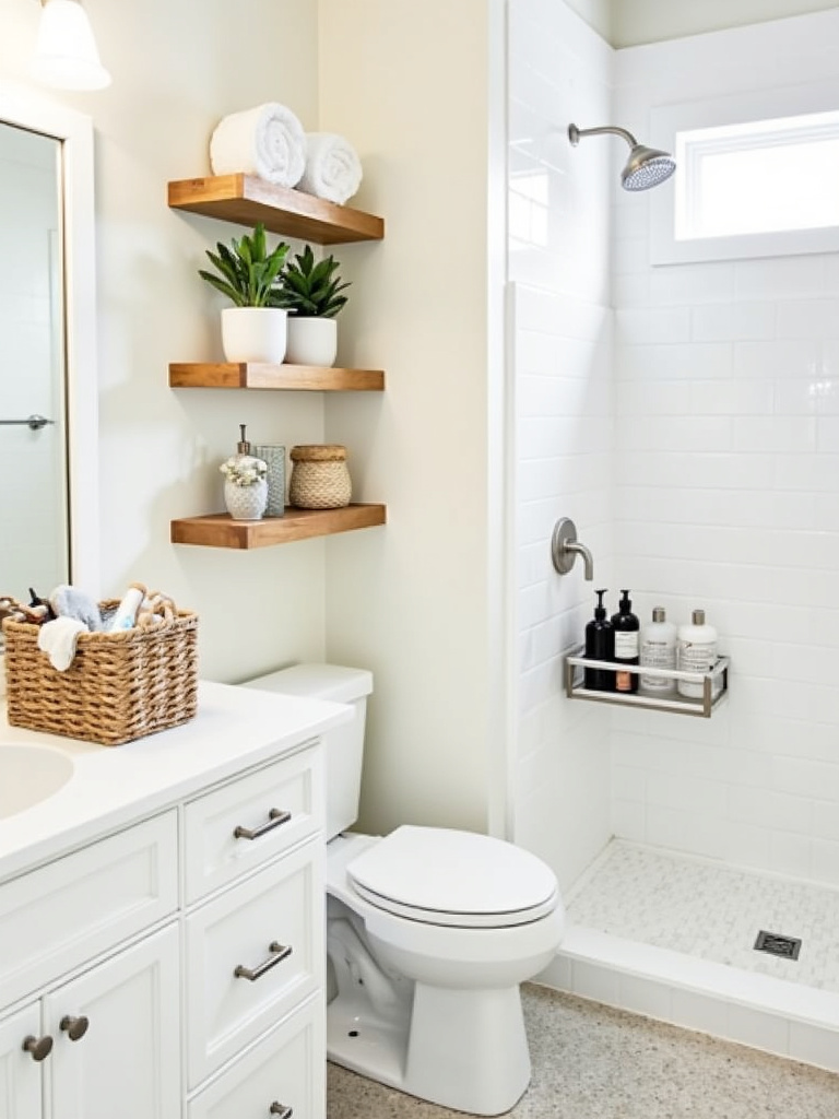 Modern bathroom with smart storage solutions including floating shelves, vanity storage, and a shower caddy.