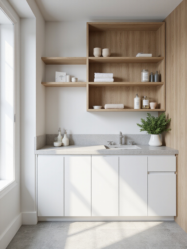 Modern bathroom with open oak shelving and minimalist white cabinets.
