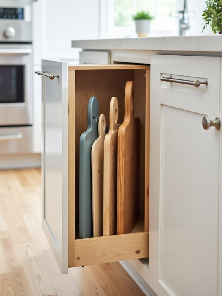 Cutting boards stored vertically in a kitchen cabinet with a custom-built wooden divider.