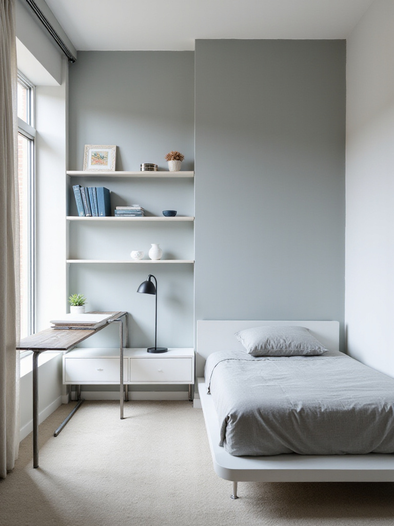 Small bedroom with sleek platform bed, floating shelves, and minimalist desk maximizing space.