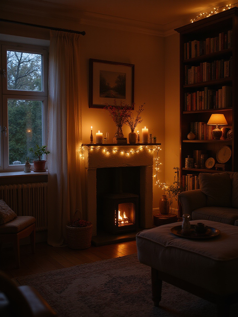 Cozy living room with warm white fairy lights draped across the mantelpiece and bookshelf, creating a magical atmosphere.