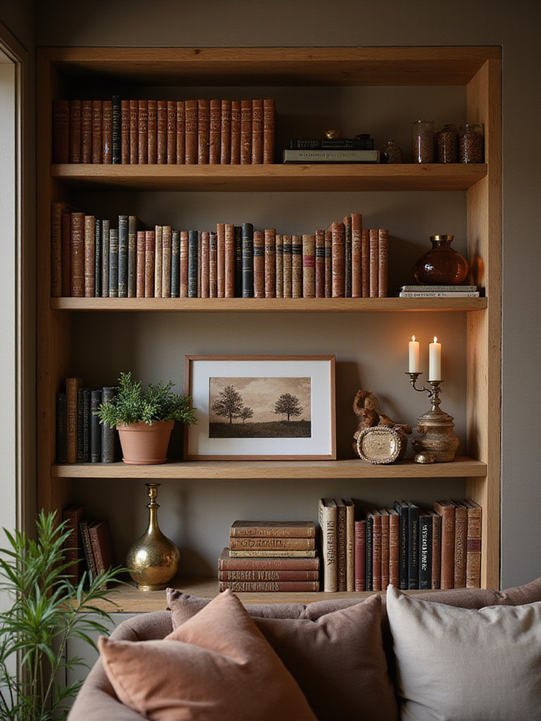 Cozy living room bookshelf with warm-toned decor and curated vignettes.